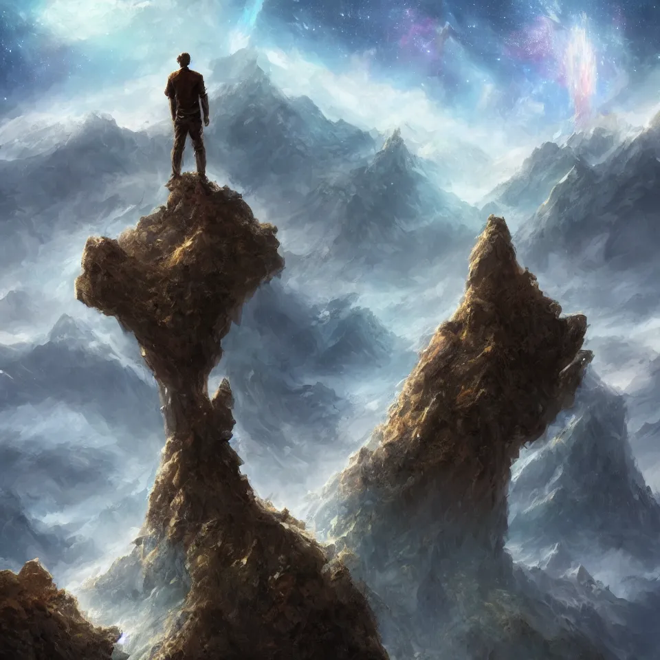 Image similar to man standing on edge of the mountain, galaxy in the sky,digital art, concept art, fantasy art, highly detailed, HD wallpaper, artstation, Deviantart, abeyance