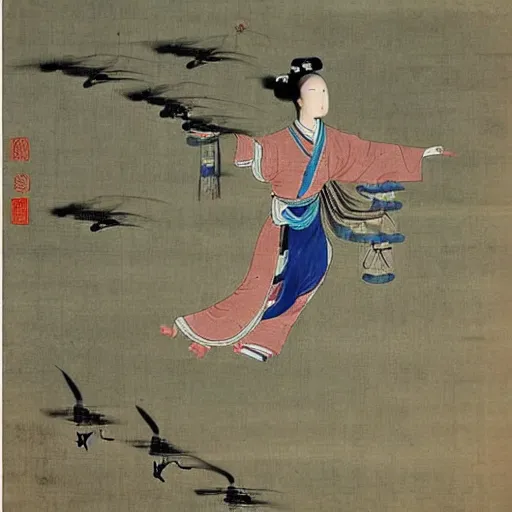 Image similar to the Chinese ancient painting of a lady flying a drone in Tang Dynasty , by Han Xizai