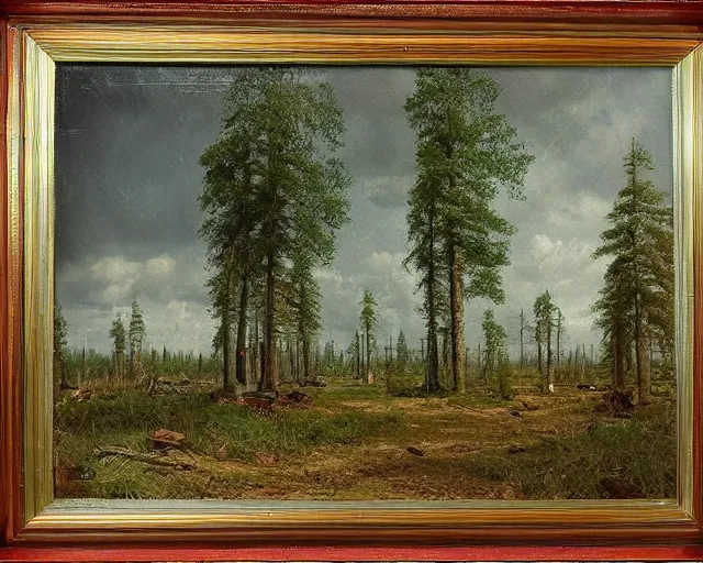 Image similar to beautiful matte painting of cute soviet block of flatshrushevka in end of forest by ivan shishkin