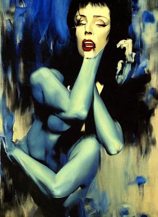 Prompt: blue velvet, painting by phil hale, fransico goya,'action lines '!!!, graphic style, visible brushstrokes, motion blur, blurry, visible paint texture, crisp hd image