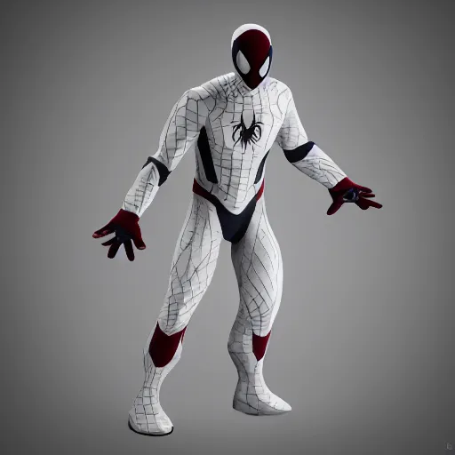 Image similar to white spider - man suit with black web lining, cinematic, volumetric lighting, realistic, hyperdetailed, photorealistic, photograph