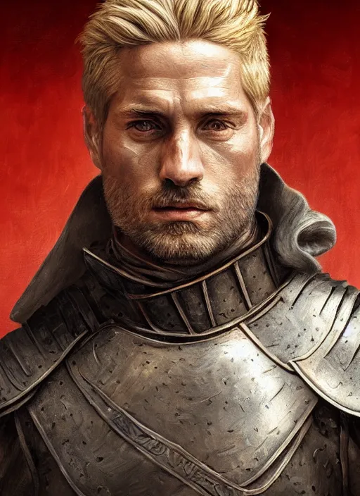 Image similar to highly detailed oil painting, masterpiece portrait warrior male lannister, fantasy character portrait, dynamic pose, above view, top lighting, realistic shaded, perfect face, 8 k realistic, hyper detailed, digital painting, artstation, concept art, hyper detailed eyes, cinematic lighting, dynamic pose, above view