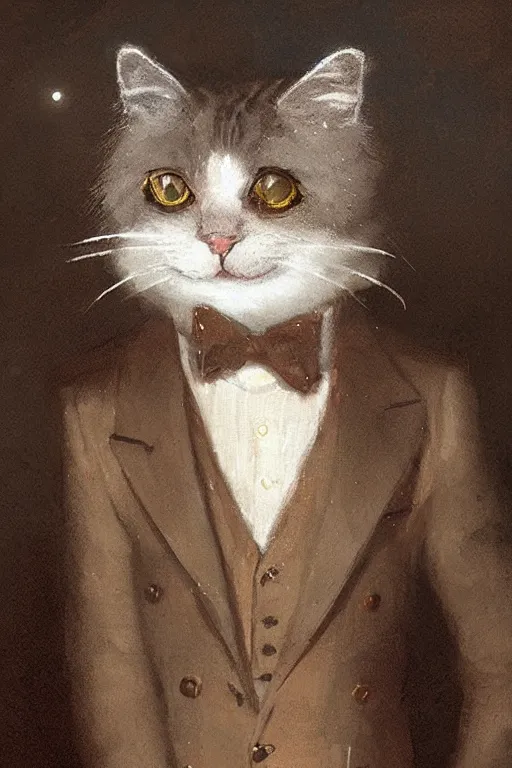 Image similar to of a gentlemen cat with the head of a british longhair cat, wearing vest suite in the night club, by greg rutkowski