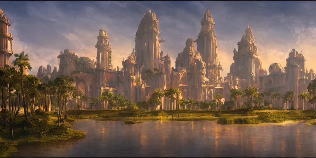 Image similar to an environmental concept art of theed on naboo, highly detailed, environmental light, cinematic by francis tneh