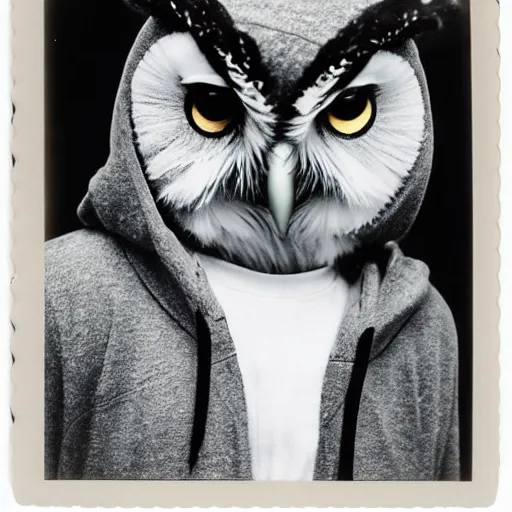 Prompt: close - up anthropomorphic owl in a hoodie, holding a magazine, 9 0 - s fashion, polaroid photo, by warhol,