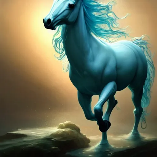 Image similar to a fantastical transparent small turquoise horse made of water and foam, ethereal, noble, radiant, hyperalism, scottish folklore, digital painting, artstation, concept art, smooth, 8 k frostbite 3 engine, ultra detailed, art by artgerm and greg rutkowski and magali villeneuve