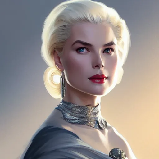 Image similar to Grace Kelly with platinum blonde hair as 2B, western, D&D, fantasy, intricate, elegant, highly detailed, digital painting, artstation, concept art, matte, sharp focus, illustration, art by Artgerm and Greg Rutkowski and Alphonse Mucha