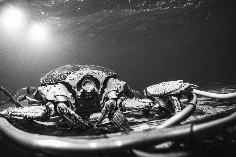 Image similar to robot crab underwater, in 2 0 1 2, bathed in the the glow of a crt television, crabcore, low - light photograph, photography by tyler mitchell