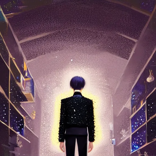 Prompt: harmony black room, yoongi wearing sparkly sequin jacket, black top, black pants, muted colors, polarizer, nadir lighting, by wlop, james jean, victo ngai, muted colors, highly detailed, fantasy art by craig mullins, thomas kinkade