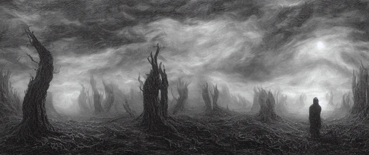 Prompt: an engraving portrait of yog sothoth, lovecraftian atmosphere, caspar david friedrich, foggy, depth, strong shadows, stormclouds, illuminated focal point, highly detailed