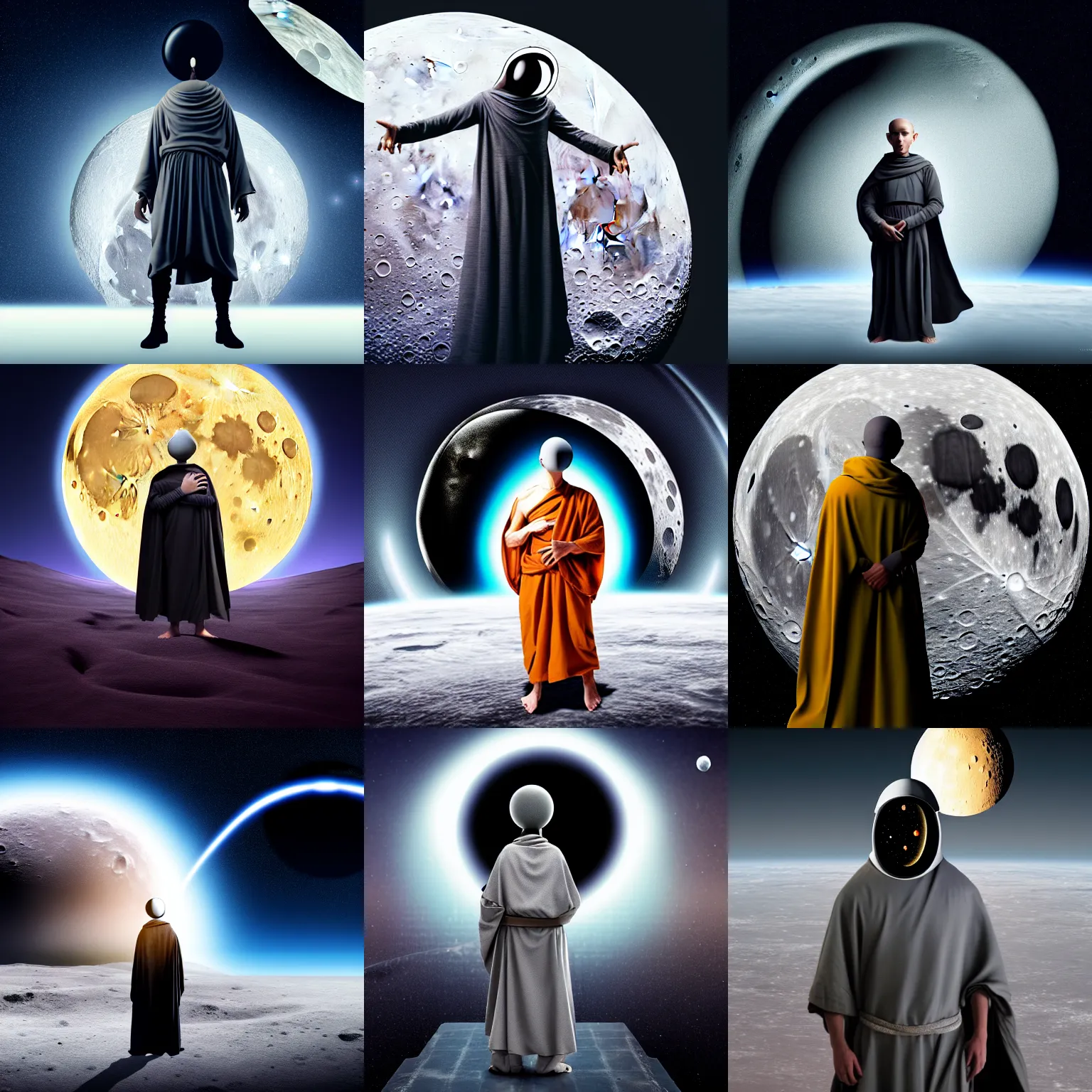 Prompt: futuristic monk in grey cloth with a black hole instead of head holding a rusty sword standing on the moon, his head is a black-hole, 8K resolution, very aesthetic, moon surface background