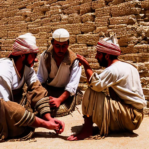 Image similar to egyptian workers wearing ancient clothing building the pyramids, historical reenactment, incredibly detailed, dramatic lighting, cinematic lens flare, 3 5 mm digital photo