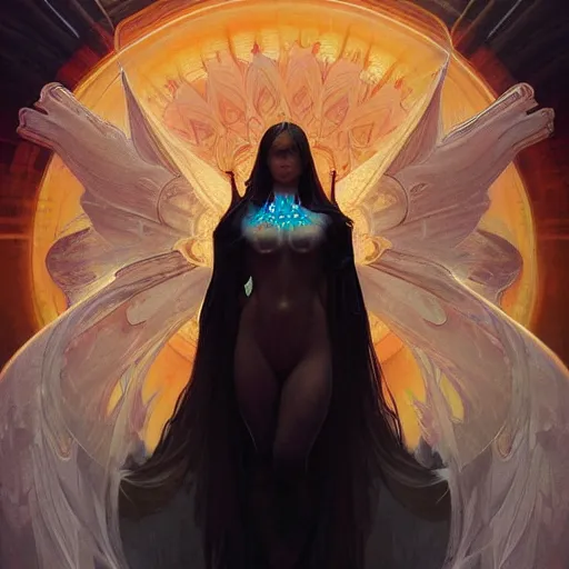 Image similar to A Symmetrical composition portrait of A beautiful!!!! angel in black flames by Ross Tran!! and alphonse mucha and greg rutkowski! and Zdzisław Beksiński!!,In style of digital art.dark Fantasy,smooth,hyper detailed,sharp focus,Soft light.4k