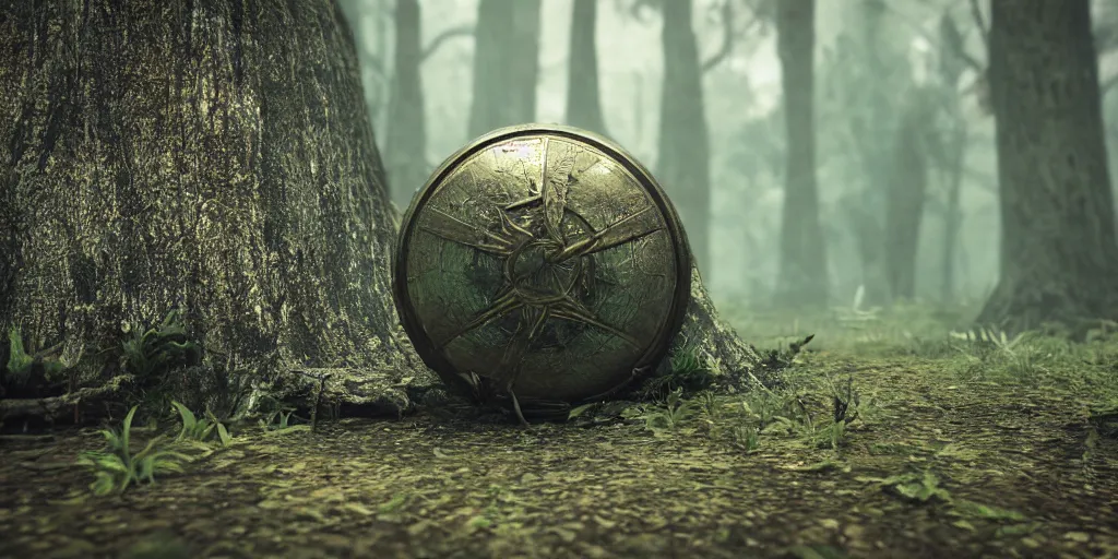 Image similar to a close shot to a mysterious relic in the middle of the forest, unreal engine 5, depth of field, rule of thirds, contest winner, cgsociety