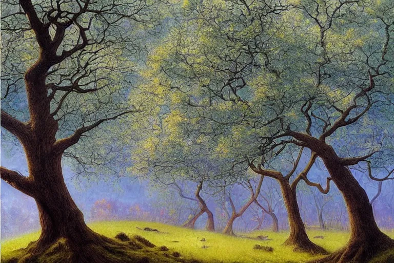 Prompt: masterpiece painting of oak trees on a hillside overlooking a creek, dramatic lighting, by daniel merriam