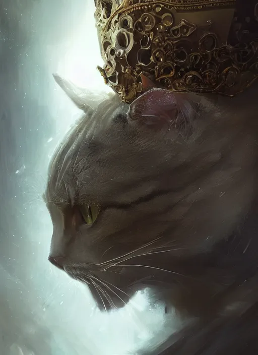 Prompt: side profile of a cat wearing a crown and royal cloak, fantasy, digital painting, volumetric light, intricate, sharp, focus, bloom, illustration, highly detailed, concept art, matte, ruan jia, randy vargas, greg rutkowski