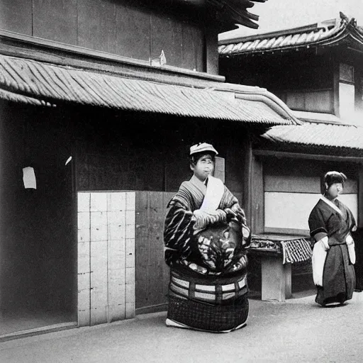 Prompt: Portrait of a 19th century Japanese trader at a Kyoto street market, 1900s photography