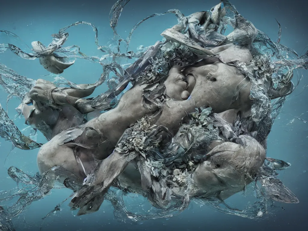 Image similar to a sculpture of ocean shark intertwined, a lovely cornucopia of flowers and human body parts, body parts, highly detailed, octane render, cinematic, shock, sharp focus