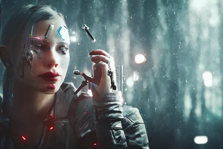 Image similar to Cyborg ​​girl transforming face fangs, syringes, forest, fog, volumetric light, cinematic, style by Cyberpunk 2077