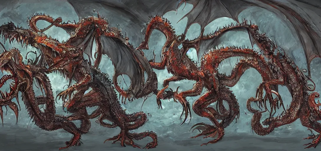 Image similar to concept art of dragon attack, lovecraftian, lots of teeth, melting horror, feathers, fighting the horrors of the unknown with laser guns