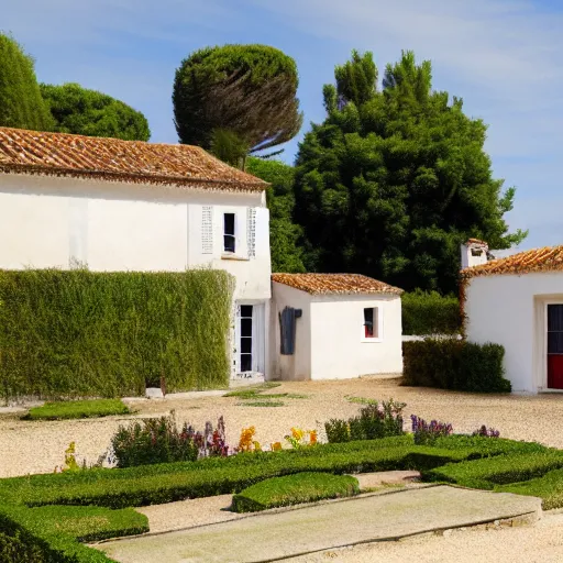 Prompt: ile de re house with a garden, two stores, white walls, orange roof