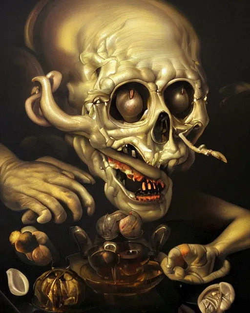 Prompt: refined gorgeous blended oil painting with black background by christian rex van minnen rachel ruysch dali todd schorr of a chiaroscuro portrait of an extremely bizarre disturbing man with shiny skin chrome surfaces dutch golden age vanitas intense chiaroscuro cast shadows obscuring features dramatic lighting perfect composition masterpiece