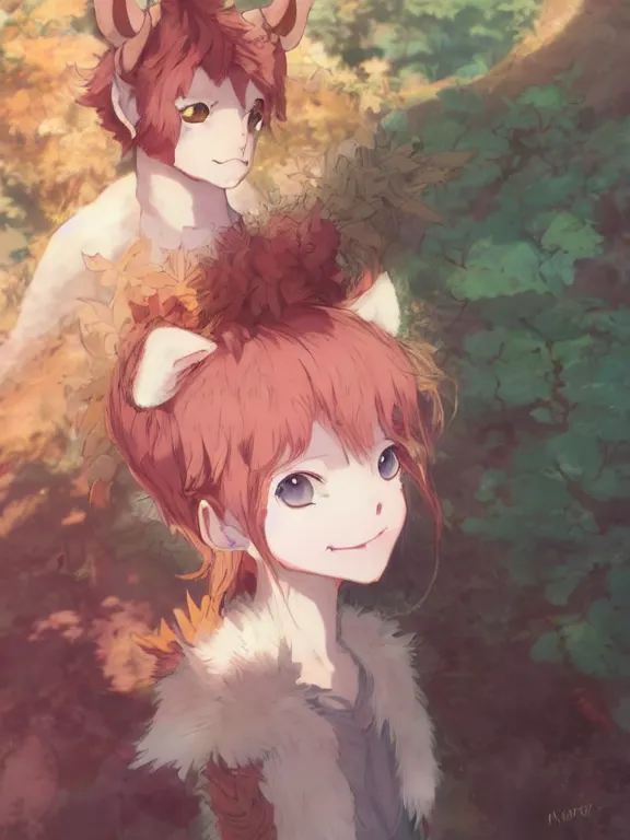 Image similar to Anime portrait of a cute smiling faun, short pink hair, golden notched horns, brown fur, fluffy tail, by Makoto Shinkai, Stanley Artgerm Lau, WLOP, Rossdraws, James Jean, Andrei Riabovitchev, Marc Simonetti, and Sakimichan