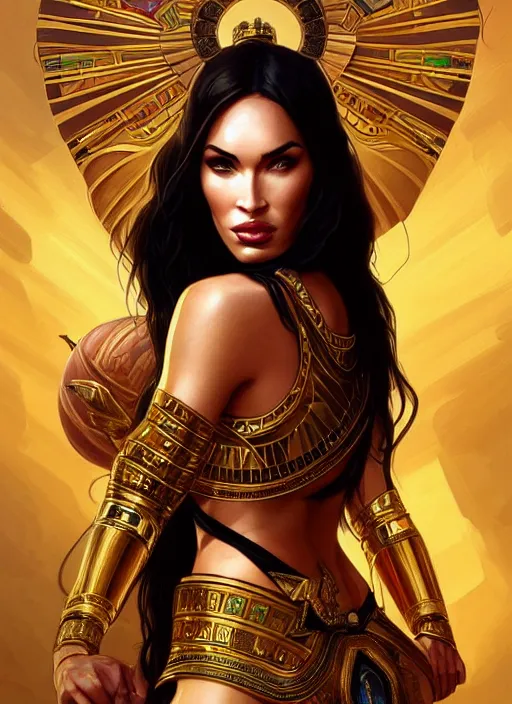 Image similar to portrait of megan fox as egypt queen, scarab, pyramids, gold, intricate, headshot, highly detailed, digital painting, artstation, concept art, sharp focus, cinematic lighting, illustration, art by artgerm and greg rutkowski, alphonse mucha, cgsociety