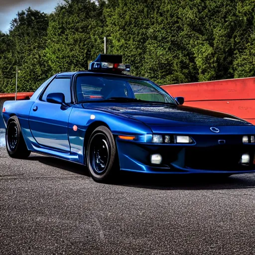 Image similar to Mazda Rx-7 police car, hyper realistic, car photography, high detail, 8k,