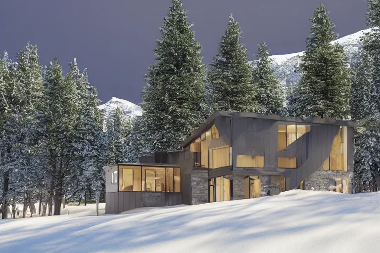 Image similar to modern modern fachwerk house with in the forest on the foot of Elbrus mountain covered by snow on the background, architecture, 3d render 8k , high details