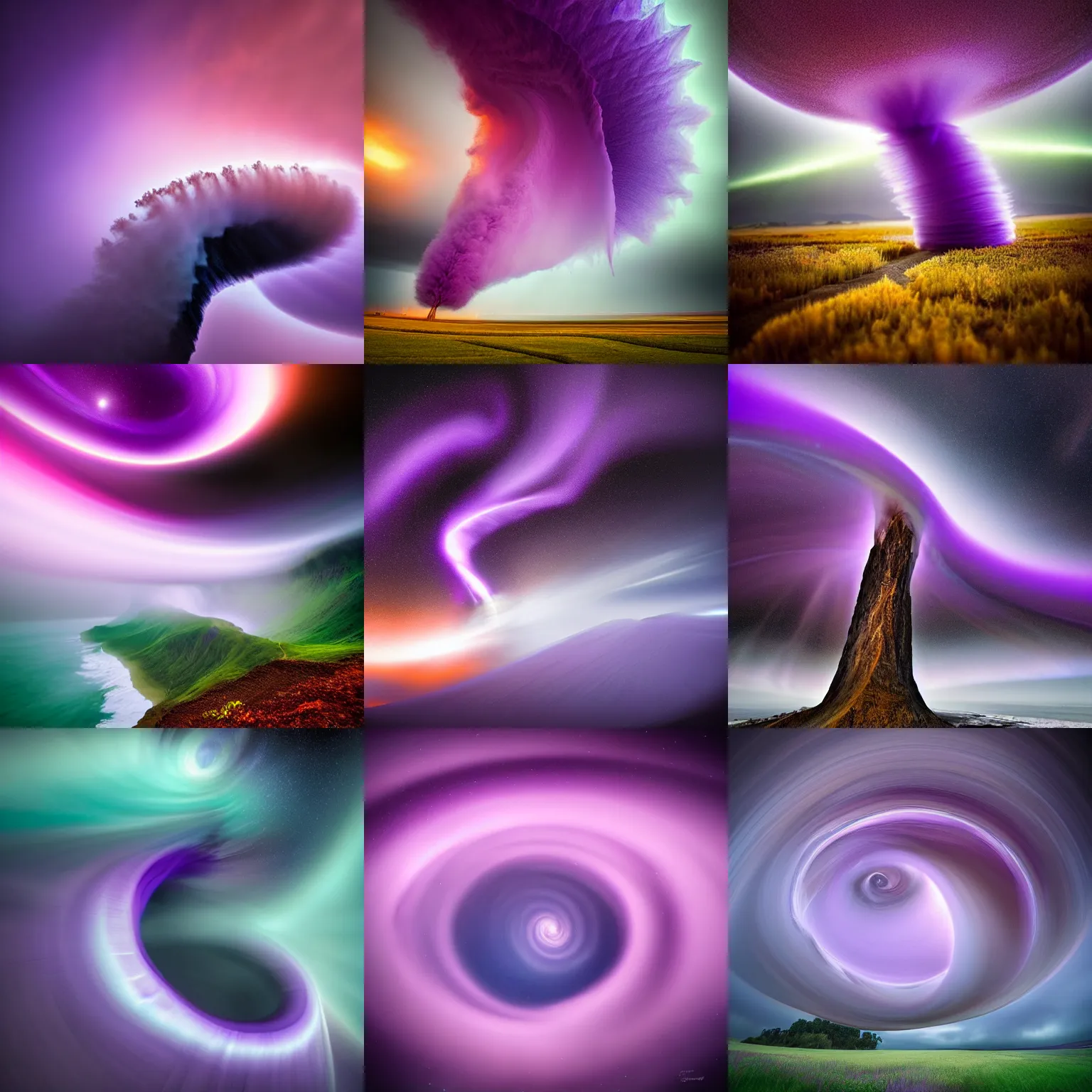 Prompt: amazing photo of a purple tornado in the shape of a funnel by marc adamus, digital art, beautiful dramatic lighting