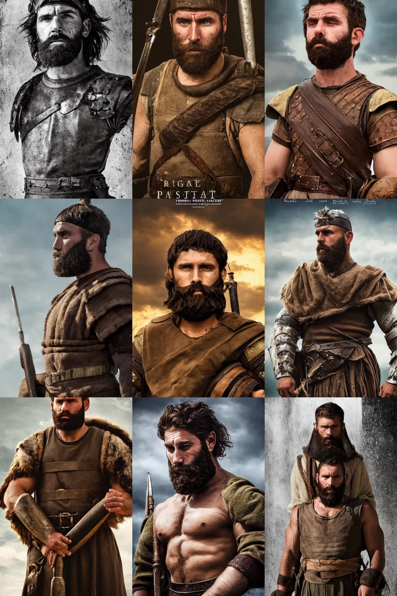 Prompt: portrait of a Roman soldier. rugged young man, thick brown beard, big muscles, sneering. cinematic lighting, highly detailed, full body shot. Movie poster