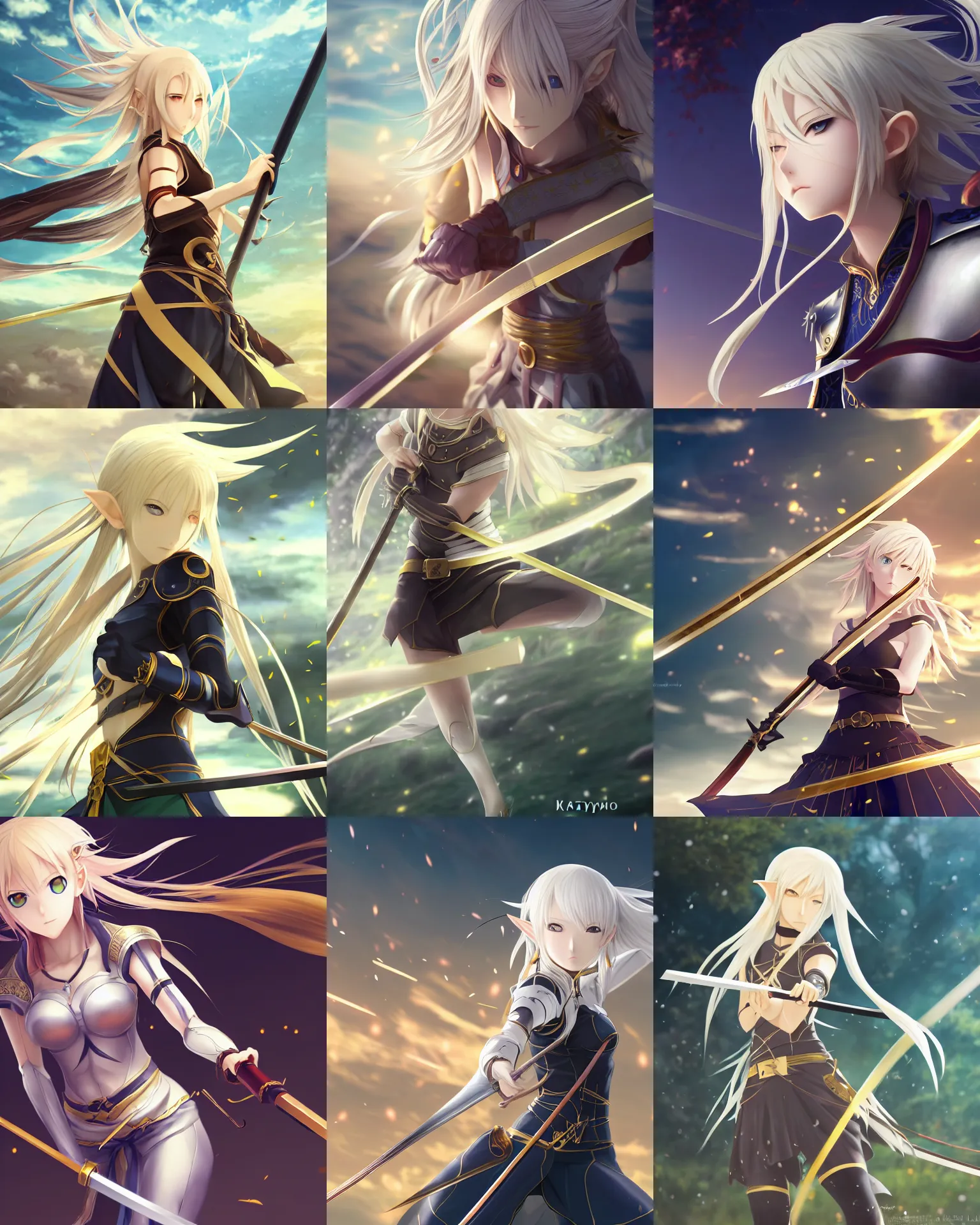 Prompt: art anime brave elf girl with white skin, katana in hand, golden hair blowing the wind, trending artistic art, dynamic photography, fate zero, realistic face, extremely high detailed, bokeh color background, studio ghibly makoto shinkai yuji yamaguchi, wlop