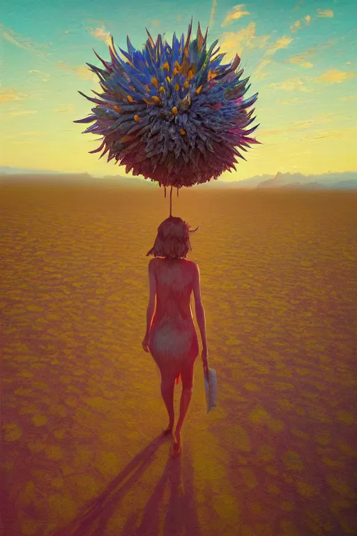 Image similar to giant corn flower head, girl walking in the desert, surreal photography, sunrise, dramatic light, impressionist painting, colorful clouds, digital painting, artstation, simon stalenhag