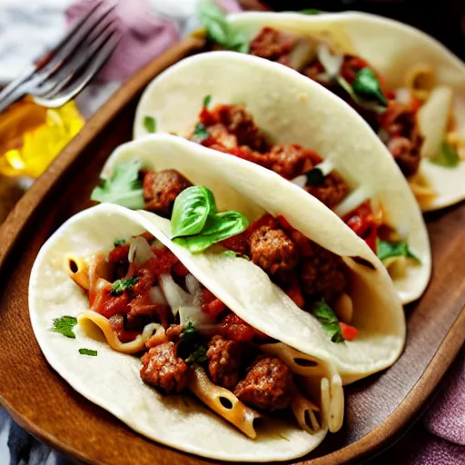 Image similar to a photograph of sausage pasta tacos