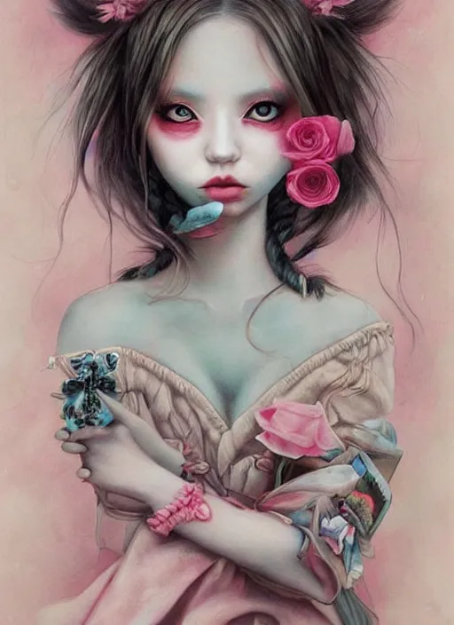 Image similar to pop surrealism, lowbrow art, realistic cute alice girl painting, japanese street fashion, hyper realism, muted colours, rococo, lori earley style,