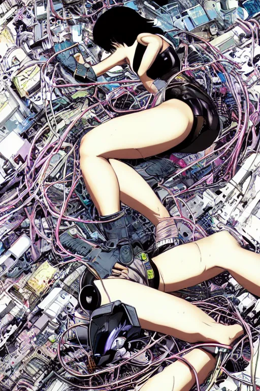 Image similar to coherent motoko kusanagi kneeling on a white in style of masamune shirow, empty floor, with a mess of wires and cables coming out of her head and backside, by Yukito Kishiro and katsuhiro otomo, illustration, cyberpunk, hyper-detailed, colorful, complex, intricate, masterpiece, epic