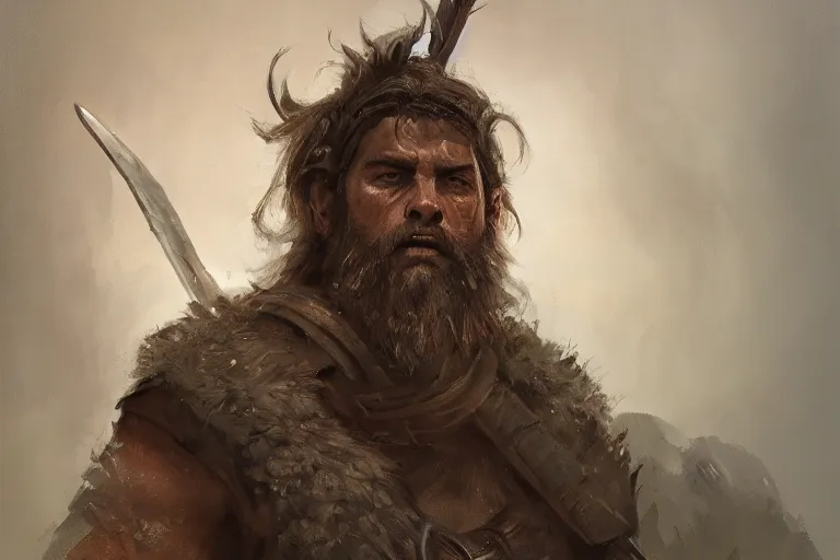 Image similar to a full body fantasy portrait oil painting illustration of a single rugged stoic barbarian man by Justin Sweet with face and body clearly visible, d&d, rpg, forgotten realms, artstation trending, high quality, sombre mood, artstation trending, muted colours, no crop, entire character,