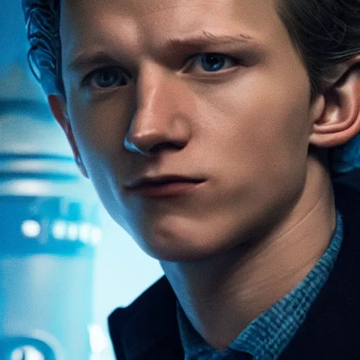 Image similar to tom holland as a rough dirty old man with a scruffy beard in a dark blue trenchcoat as the new doctor who, cinematic, volumetric lighting, f 8 aperture, cinematic eastman 5 3 8 4 film, photorealistic