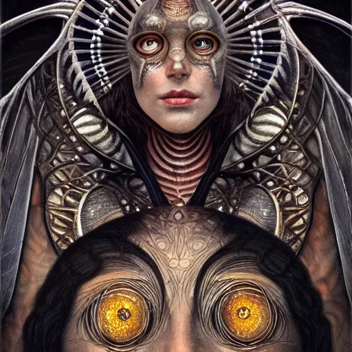 Image similar to beautiful closeup portrait of an art deco shaman, glowing eyes. reflective detailed textures, moth wings, highly detailed dark fantasy science fiction painting by tom bagshaw and michael whelan and diego rivera and annie swynnerton and jean delville, elaborate geometric ornament, ancient runes, silver and cool colors. artstation