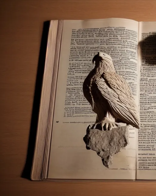 Image similar to 'a full view of a table with a textbook opened to a page with a picture of a clay sculpture of an eagle goddess' clay sculpture, textbook, zoomed out, zoomed out, zoomed out