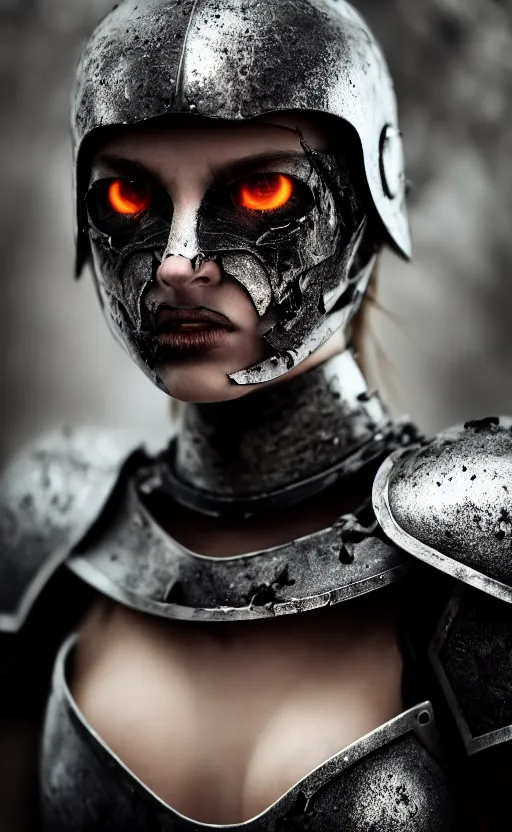 Prompt: photorealistic photograph of a beautiful young woman wearing black armor, large angry eyes, battle damaged, cinematic, 200mm prime lens