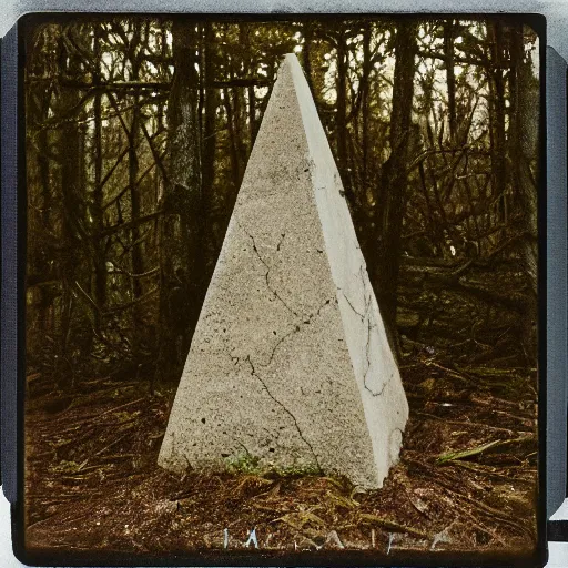 Image similar to a stone pyramid in the middle of a forest clearing, foggy, eerie, creepy, unsettling, lost footage, old polaroid, expired film,