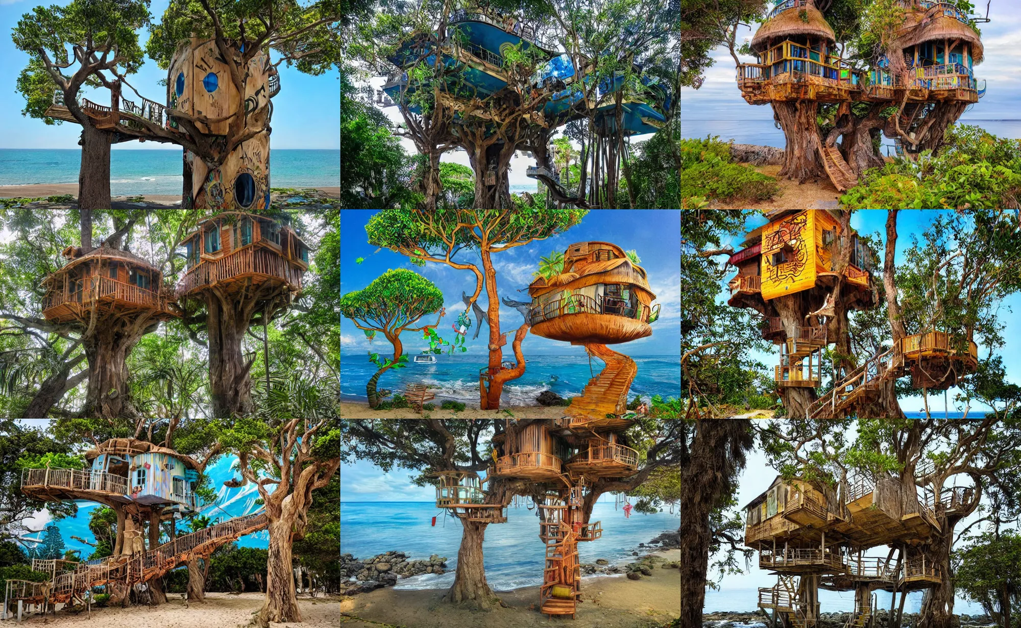 Prompt: street art of a mystical island treehouse on the ocean