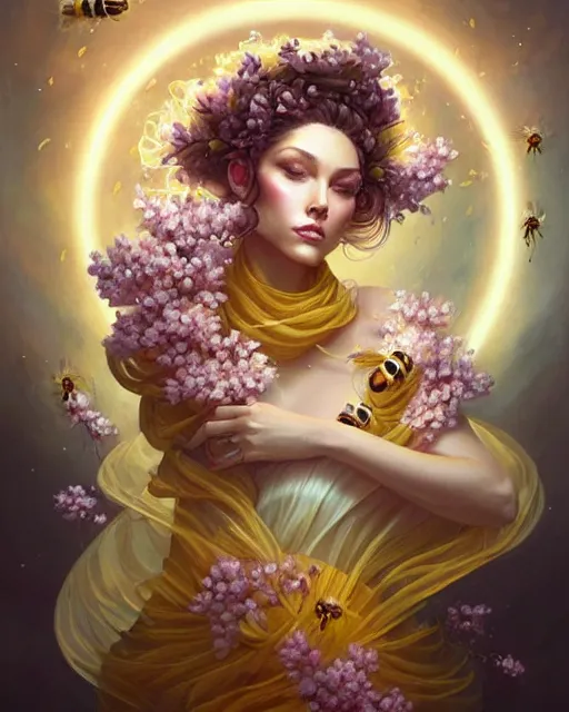 Prompt: Beautiful beekeeper woman portrait wrapped in honeycomb silk feathers, bees, sakura storm, swirling flowers, radiant halo of light, artgerm, peter mohrbacher