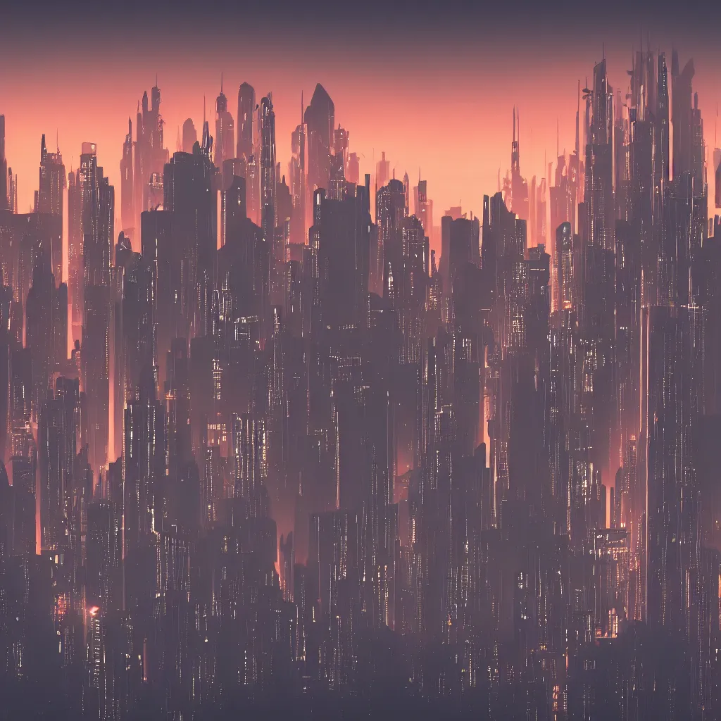 Prompt: beautiful photo of a cyberpunk Art Deco skyline at dawn