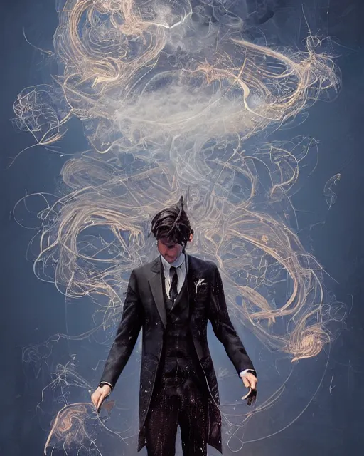 Image similar to a highly detailed portrait of serious male magician radiating a majestic fiery aura, back tuxedo, wispy tendrils of smoke, intricate, digital painting, old english, raining, sepia, particles floating, whimsical background by marc simonetti, artwork by ramond swanland and liam wong