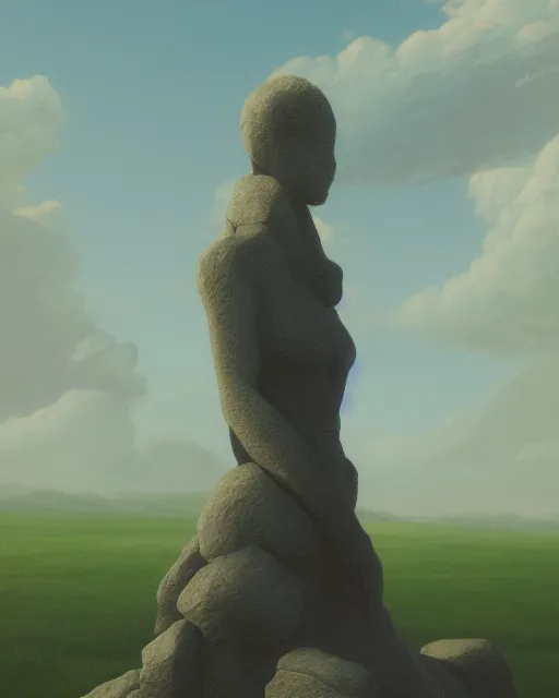 Image similar to a painting of a real woman standing in front of a huge stone statue, a screenshot by stanley twardowicz, cgsociety, aestheticism, aesthetic, vaporwave, anime aesthetic