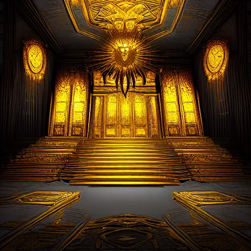 Prompt: Digital art of the golden throne room Imperial matte finish, ominous dramatic wide angle, god rays