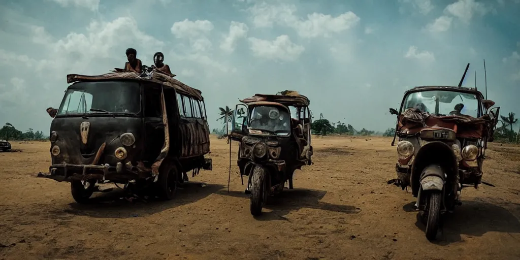 Image similar to sri lankan mad max style, tuk tuk, film still, epic shot cinematography, rule of thirds